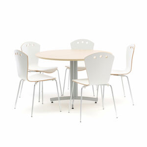 Jedálenská zostava: 1 stôl Ø1100 mm, breza + 5 stoličiek, biela