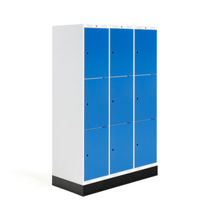 Školská šatňová skrinka ROZ, 3 sekcie, 9 dverí, 1890x1200x550 mm, modrá, so soklom