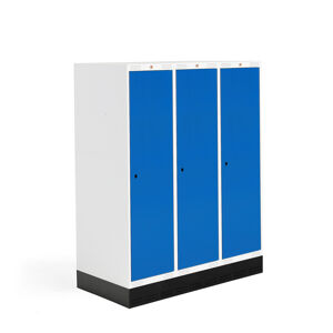 Školská šatňová skrinka ROZ, 3 sekcie, 3 dvere, 1510x1200x550 mm, modrá, so soklom