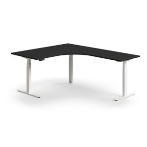 Výškovo nastaviteľný stôl QBUS, rohový, 1600x2000 mm, biely rám, čierna