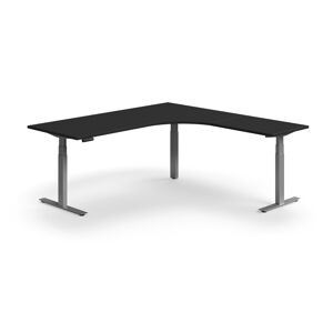 Výškovo nastaviteľný stôl QBUS, rohový, 2000x2000 mm, strieborný rám, čierna